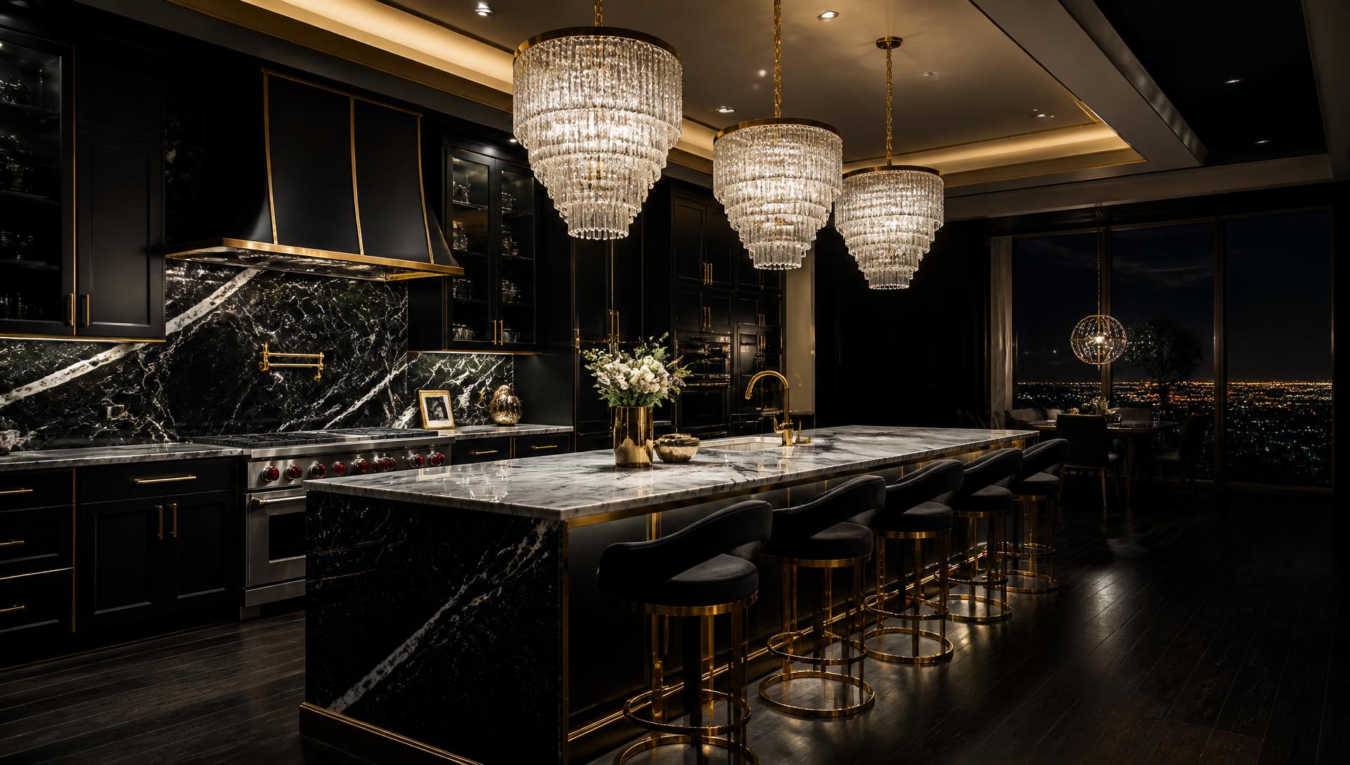 Luxury dark marble kitchen with gold chandeliers and accents